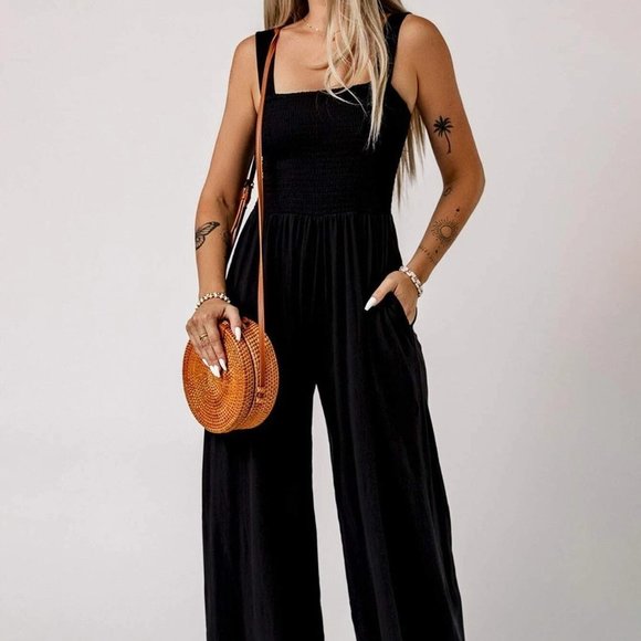 Black Casual Womens Solid Slant Pocket Cami Wide Leg Jumpsuit - Picture 5 of 5